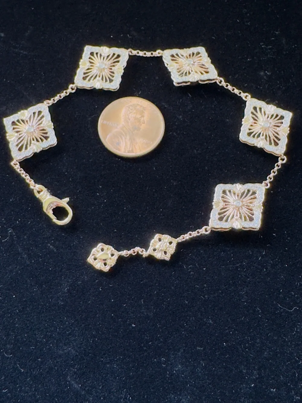 Elegant Rose Gold Floral Filigree Square-Link Bracelet— Red